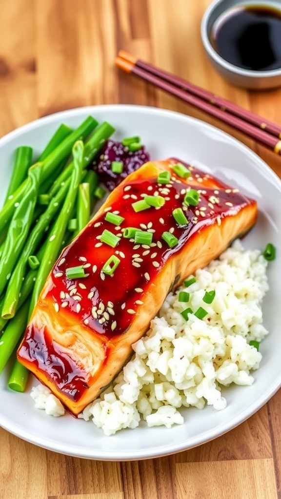 Sesame ginger salmon fillets garnished with sesame seeds and green onions on a plate, served with rice and vegetables.
